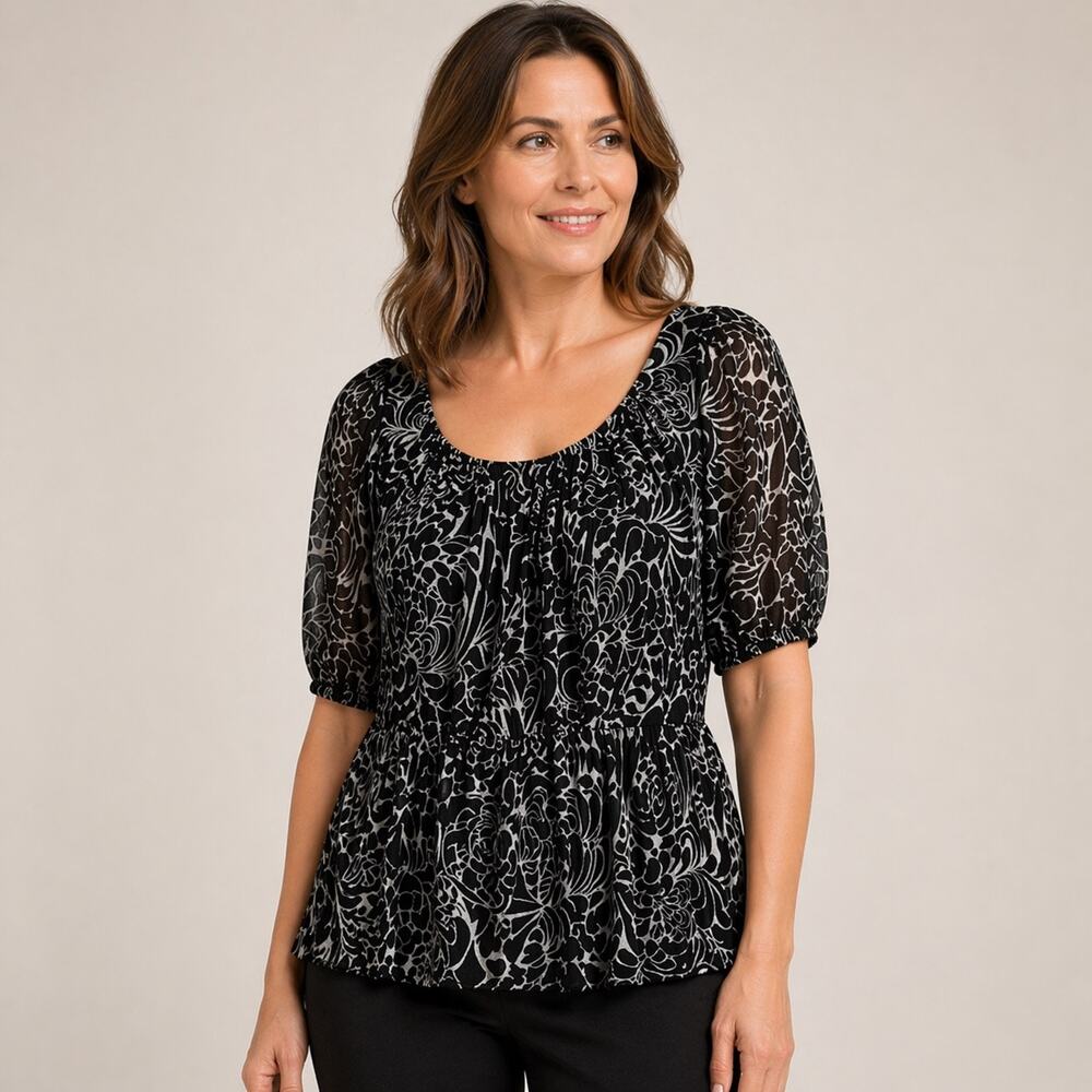 Karen Kane Mesh Peplum Top Medium Black Sheer Artsy Print Puff Sleeve Boho